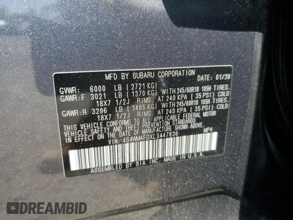 2020 Subaru Ascent Premium with VIN 4S4WMAFDXL3447836, listed as a Copart auction lot 59551085 with 129,202 mi miles and Salvage title. Bid and sale history available at DreamBid. Image 13.