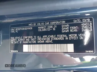 2019 Volvo S60 Momentum with VIN 7JR102FK6KG011458, listed as a IAAI auction lot 41515206 with 42,848 mi miles. Bid and sale history available at carsss.com. Image 9.
