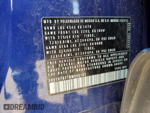 2022 Volkswagen Taos SE с VIN 3VVTX7B21NM046183, выставлен на аукционе Copart как лот 48811375 с пробегом 42 102 миль миль и Списание • Salvage title. История ставок и продаж доступна на DreamBid. Изображение 16.