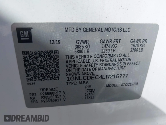 2020 Chevrolet Tahoe Commercial z VIN 1GNLCDEC4LR216777, wystawiony jako IAAI lot #41637104 z przebiegiem 20 mil mil oraz . Historia ofert i sprzedaży dostępna na DreamBid. Obrazek 9.