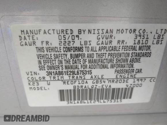 2009 Nissan Sentra FE+ with VIN 3N1AB61E29L675315, listed as a IAAI auction lot 41444781 with 131,987 mi miles and . Bid and sale history available at DreamBid. Image 9.