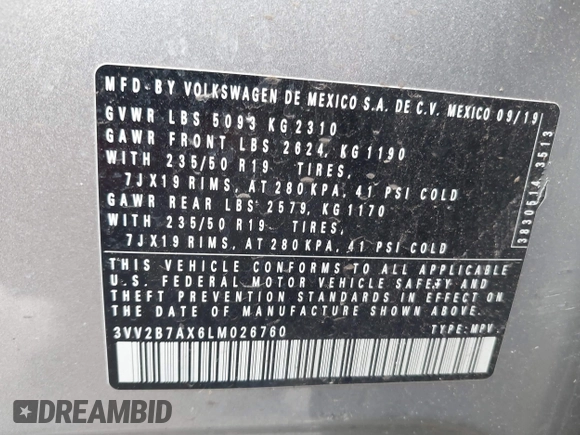 2020 Volkswagen Tiguan SE with VIN 3VV2B7AX6LM026760, listed as a IAAI auction lot 41652292 with 63,925 mi miles and . Bid and sale history available at DreamBid. Image 9.