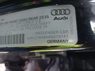 2004 Audi A6 3.0L with VIN WAULT64B64N079747, listed as a IAAI auction lot 41346752 with 135,169 mi miles. Bid and sale history available at carsss.com. Image 9.