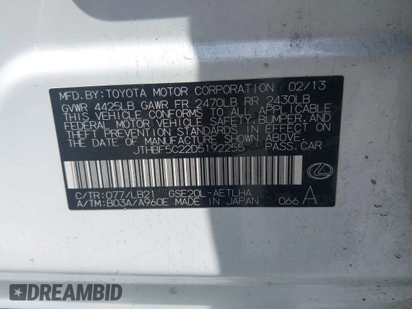 2013 Lexus IS 250 z VIN JTHBF5C22D5192255, wystawiony jako IAAI lot #42283602 z przebiegiem 178 337 mil mil oraz . Historia ofert i sprzedaży dostępna na DreamBid. Obrazek 9.