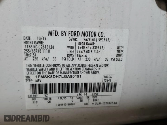 2020 Ford Explorer XLT z VIN 1FMSK8DH7LGA90191, wystawiony jako Copart lot #56458665 z przebiegiem 35 797 mil mil oraz Szkoda całkowita • Salvage title. Historia ofert i sprzedaży dostępna na DreamBid. Obrazek 13.