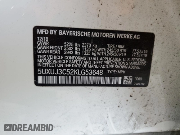 2019 BMW X4 xDrive30i with VIN 5UXUJ3C52KLG53648, listed as a Copart auction lot 48374685 with 73,708 mi miles and Salvage Title. Bid and sale history available at carsss.com. Image 12.