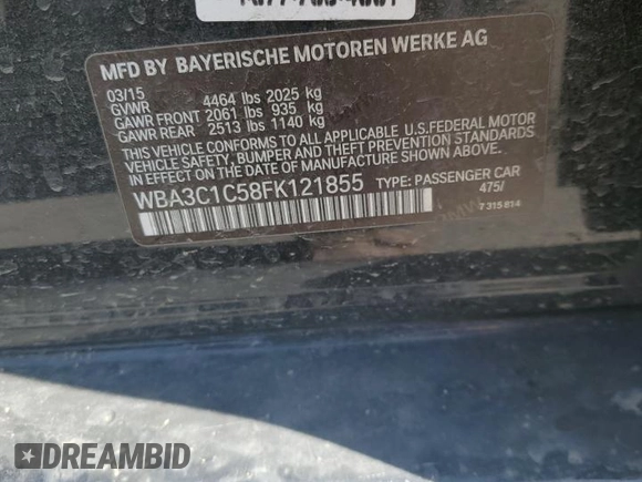 2015 BMW 3 Series 328i z VIN WBA3C1C58FK121855, wystawiony jako Copart lot #61257755 z przebiegiem 96 566 mil mil oraz Szkoda całkowita • Salvage title. Historia ofert i sprzedaży dostępna na DreamBid. Obrazek 13.