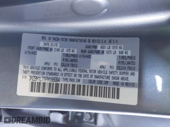 2015 Mazda 3 i Touring with VIN 3MZBM1L71FM188994, listed as a IAAI auction lot 41367866 with 114,985 mi miles and . Bid and sale history available at carsss.com. Image 9.