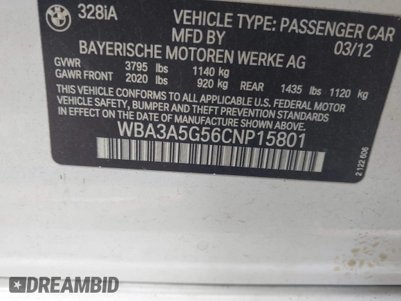 2012 BMW 3 Series 328i с VIN WBA3A5G56CNP15801, выставлен на аукционе IAAI как лот 42476836 с пробегом 166 614 миль миль и . История ставок и продаж доступна на DreamBid. Изображение 9.