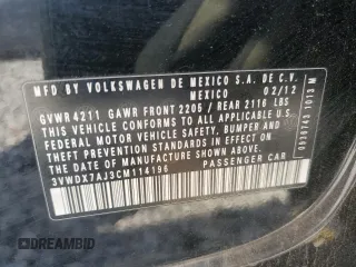 2012 Volkswagen Jetta SE with VIN 3VWDX7AJ3CM114196, listed as a Copart auction lot 61236545 with 128,893 mi miles and Salvage title. Bid and sale history available at DreamBid. Image 12.
