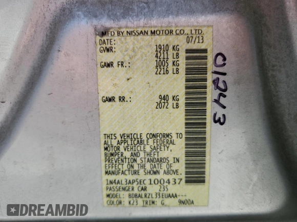 2014 Nissan Altima 2.5 S with VIN 1N4AL3AP5EC100437, listed as a Copart auction lot 50254225 with 229,357 mi miles and Salvage Title. Bid and sale history available at carsss.com. Image 12.