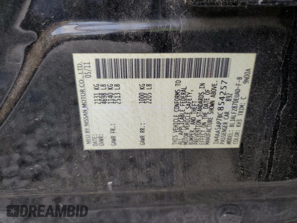 2011 Nissan Maxima SV with VIN 1N4AA5AP7BC854257, listed as a Copart auction lot 59563915 with 183,067 mi miles and Salvage title. Bid and sale history available at DreamBid. Image 13.