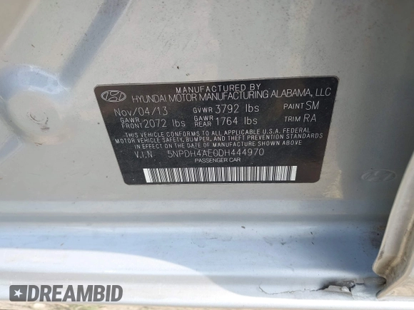 2013 Hyundai Elantra Limited with VIN 5NPDH4AE0DH444970, listed as a IAAI auction lot 41928294 with 163,635 mi miles and . Bid and sale history available at DreamBid. Image 9.