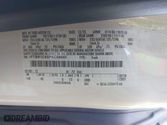 2023 Ford Transit Cargo with VIN 1FTBR1C85PKC08945, listed as a IAAI auction lot 41385685 with 5,577 mi miles and . Bid and sale history available at DreamBid. Image 9.