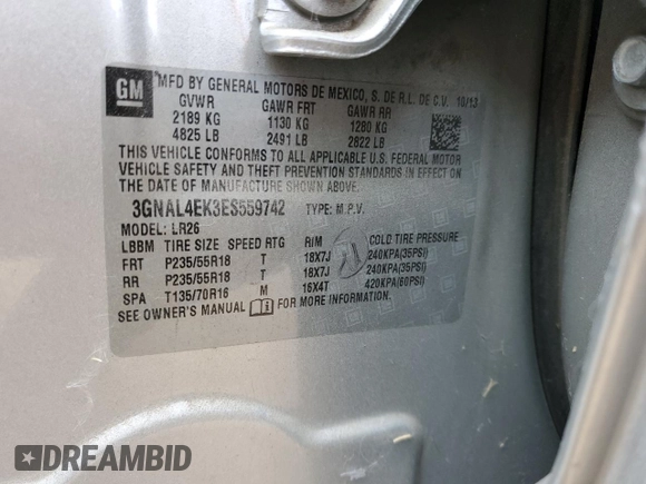 2014 Chevrolet Captiva Sport LTZ with VIN 3GNAL4EK3ES559742, listed as a Copart auction lot 74772394 with 64,023 mi miles and Salvage Title. Bid and sale history available at DreamBid. Image 13.
