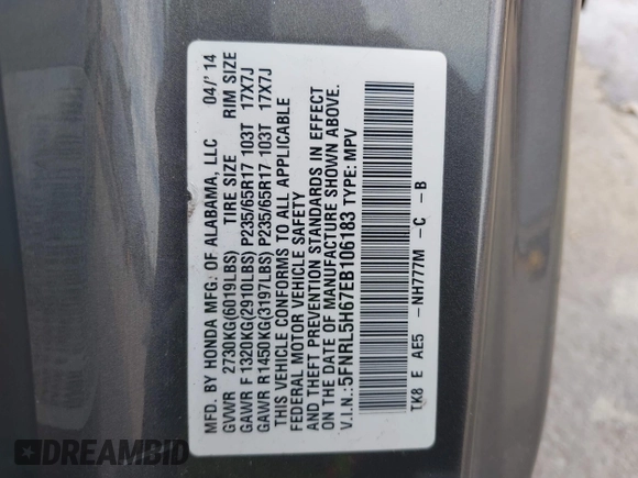 2014 Honda Odyssey EX-L with VIN 5FNRL5H67EB106183, listed as a IAAI auction lot 42210600 with 196,166 mi miles and . Bid and sale history available at DreamBid. Image 9.