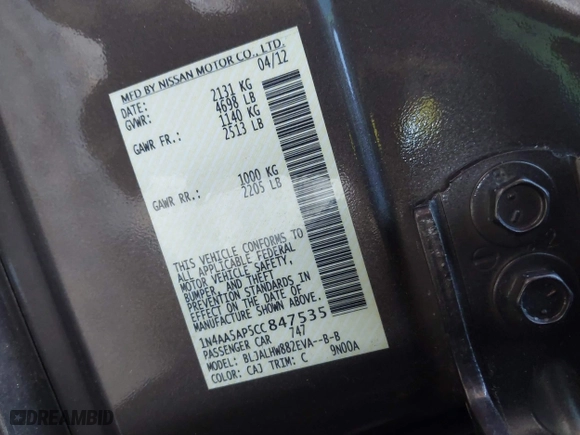 2012 Nissan Maxima 3.5 SV with VIN 1N4AA5AP5CC847535, listed as a IAAI auction lot 41216270 with 60,930 mi miles. Bid and sale history available at carsss.com. Image 9.