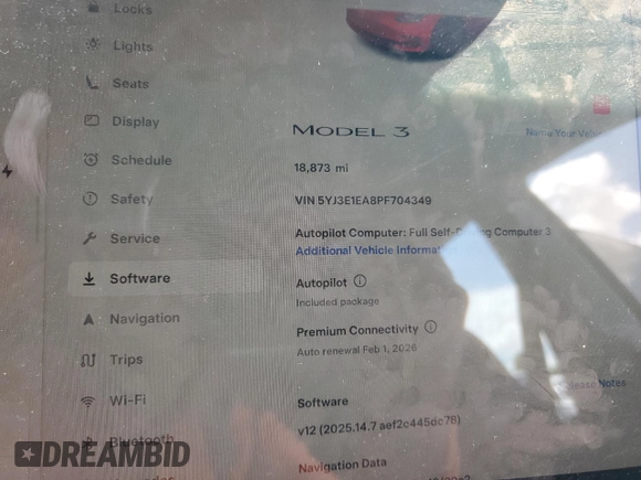 2023 Tesla Model 3 with VIN 5YJ3E1EA8PF704349, listed as a Copart auction lot 60220665 with 18,873 mi miles and Non repairable. Bid and sale history available at DreamBid. Image 9.