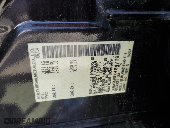 2014 Nissan Maxima S with VIN 1N4AA5AP0EC484709, listed as a Copart auction lot 50284655 with 120,795 mi miles and Clean Title. Bid and sale history available at DreamBid. Image 12.