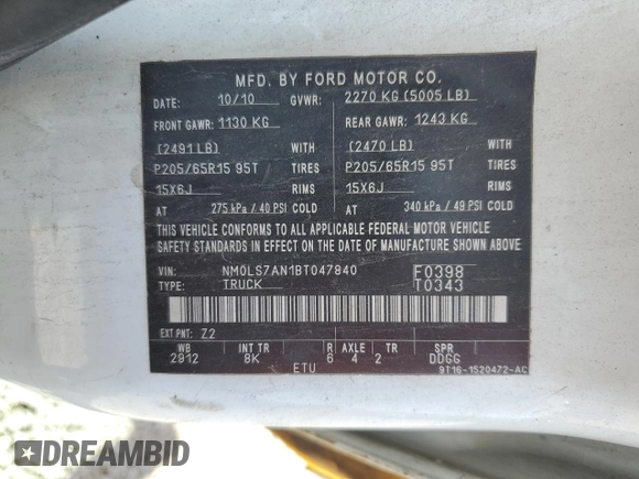 2011 Ford Transit Connect XL with VIN NM0LS7AN1BT047840, listed as a Copart auction lot 53360105 with 166,212 mi miles and Clean title. Bid and sale history available at DreamBid. Image 12.
