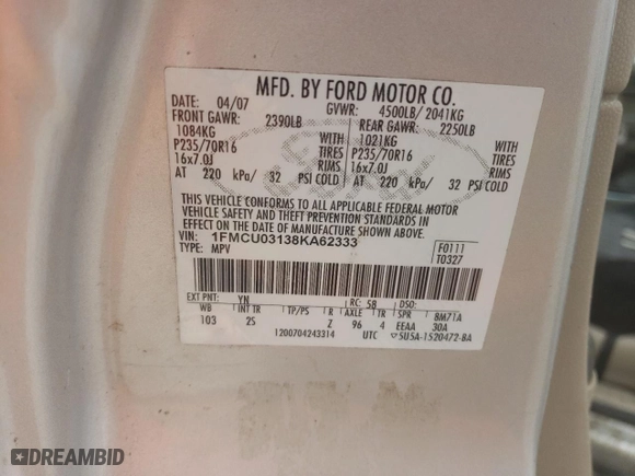 2008 Ford Escape XLT with VIN 1FMCU03138KA62333, listed as a Copart auction lot 47465765 with 222,639 mi miles and Salvage Title. Bid and sale history available at carsss.com. Image 16.