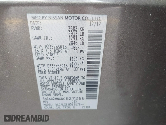 2013 Nissan Pathfinder SV with VIN 5N1AR2MNXDC627266, listed as a IAAI auction lot 42284429 with 163,910 mi miles and . Bid and sale history available at DreamBid. Image 9.
