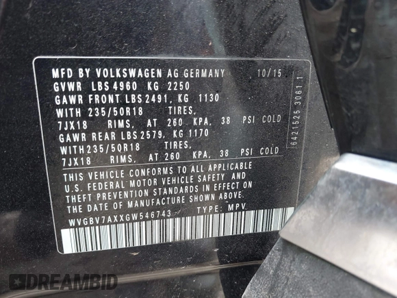 2016 Volkswagen Tiguan S с VIN WVGBV7AXXGW546743, выставлен на аукционе IAAI как лот 42234403 с пробегом 43 344 миль миль и . История ставок и продаж доступна на DreamBid. Изображение 9.