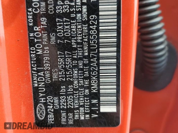 2020 Hyundai Kona SEL Plus with VIN KM8K62AA7LU558429, listed as a Copart auction lot 50359095 with 44,432 mi miles and Salvage Title. Bid and sale history available at carsss.com. Image 13.