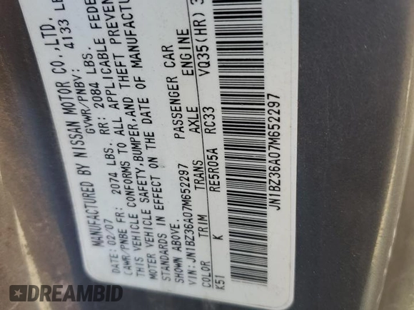 2007 Nissan 350Z Touring with VIN JN1BZ36A07M652297, listed as a Copart auction lot 69073074 with 112,136 mi miles and Salvage Title. Bid and sale history available at DreamBid. Image 12.