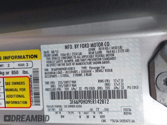 2014 Ford Fusion SE with VIN 3FA6P0HD9ER142812, listed as a IAAI auction lot 42135900 with 174,402 mi miles. Bid and sale history available at carsss.com. Image 9.