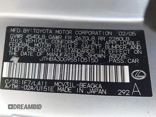 2005 Lexus ES 350 with VIN JTHBA30G955105150, listed as a IAAI auction lot 41803841 with 108,414 mi miles and . Bid and sale history available at DreamBid. Image 9.
