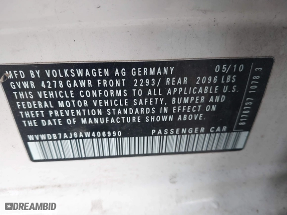 2010 Volkswagen Golf with VIN WVWDB7AJ6AW406990, listed as a IAAI auction lot 41506320 with 152,692 mi miles. Bid and sale history available at carsss.com. Image 9.