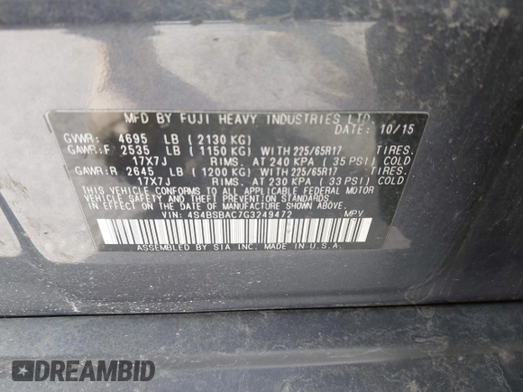 2016 Subaru Outback 2.5i with VIN 4S4BSBAC7G3249472, listed as a IAAI auction lot 41829106 with 160,329 mi miles and . Bid and sale history available at DreamBid. Image 9.
