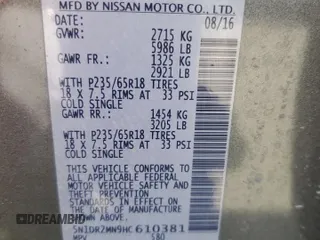 2017 Nissan Pathfinder Platinum z VIN 5N1DR2MN9HC610381, wystawiony jako Copart lot #60265265 z przebiegiem 137 901 mil mil oraz Szkoda całkowita • Salvage title. Historia ofert i sprzedaży dostępna na DreamBid. Obrazek 13.