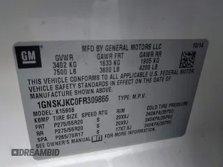 2015 Chevrolet Suburban LT with VIN 1GNSKJKC0FR309866, listed as a IAAI auction lot 41743848 with 220,778 mi miles and . Bid and sale history available at DreamBid. Image 9.