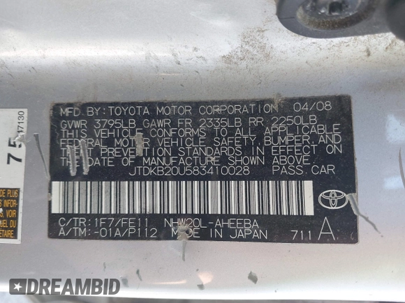 2008 Toyota Prius with VIN JTDKB20U583410028, listed as a IAAI auction lot 42167289 with 232,148 mi miles and . Bid and sale history available at DreamBid. Image 9.