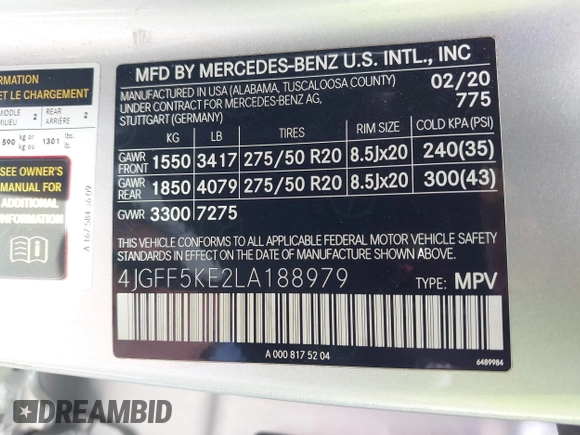 2020 Mercedes-Benz GLS 450 with VIN 4JGFF5KE2LA188979, listed as a IAAI auction lot 41687936 with 68,536 mi miles and . Bid and sale history available at DreamBid. Image 9.