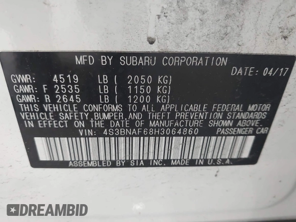 2017 Subaru Legacy Premium with VIN 4S3BNAF68H3064860, listed as a IAAI auction lot 42739014 with 230,800 mi miles and . Bid and sale history available at DreamBid. Image 9.