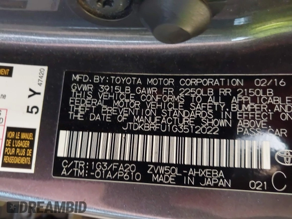 2016 Toyota Prius Two with VIN JTDKBRFU1G3512022, listed as a IAAI auction lot 41895173 with 105,844 mi miles. Bid and sale history available at carsss.com. Image 9.