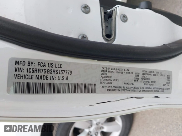 2024 Ram 1500 SLT with VIN 1C6RR7GG3RS157779, listed as a IAAI auction lot 42488148 with 34,814 mi miles and . Bid and sale history available at DreamBid. Image 9.