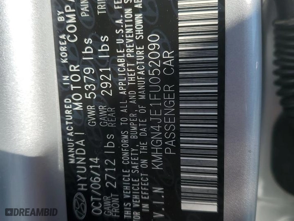 2015 Hyundai Genesis 3.8L with VIN KMHGN4JE1FU052090, listed as a Copart auction lot 46109425 with 70,277 mi miles and Salvage Title. Bid and sale history available at carsss.com. Image 14.