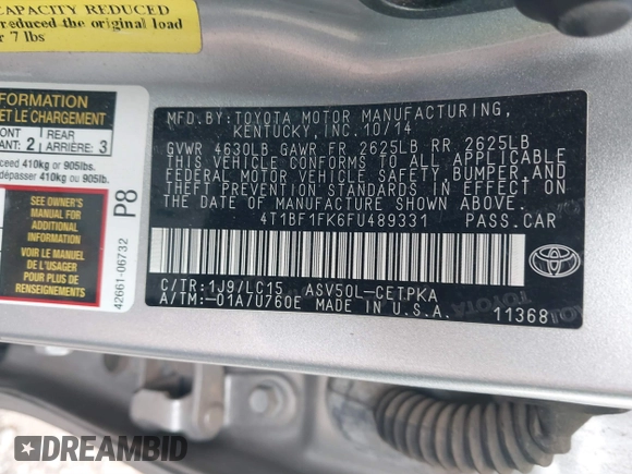 2015 Toyota Camry XLE with VIN 4T1BF1FK6FU489331, listed as a IAAI auction lot 40827058 with 159,362 mi miles and . Bid and sale history available at DreamBid. Image 9.