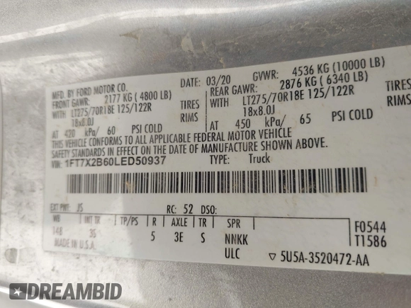 2020 Ford F-250 XL with VIN 1FT7X2B60LED50937, listed as a IAAI auction lot 42186848 with 120,953 mi miles and . Bid and sale history available at DreamBid. Image 8.
