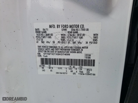 2011 Ford F-150 XL with VIN 1FTNF1ETXBKD74099, listed as a Copart auction lot 68578164 with 112,349 mi miles and Salvage Title. Bid and sale history available at carsss.com. Image 12.
