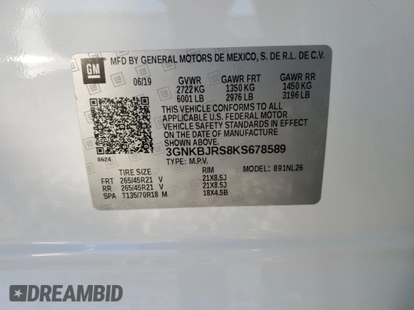 2019 Chevrolet Blazer RS with VIN 3GNKBJRS8KS678589, listed as a Copart auction lot 50307615 with 57,979 mi miles and Salvage Title. Bid and sale history available at DreamBid. Image 13.