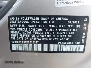 2014 Volkswagen Passat S with VIN 1VWAP7A37EC026387, listed as a IAAI auction lot 42253575 with 227,878 mi miles and . Bid and sale history available at DreamBid. Image 9.