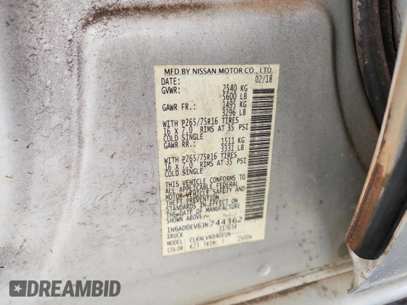 2018 Nissan Frontier SV with VIN 1N6AD0EV6JN744362, listed as a Copart auction lot 58524385 with 117,667 mi miles and Salvage title. Bid and sale history available at DreamBid. Image 12.