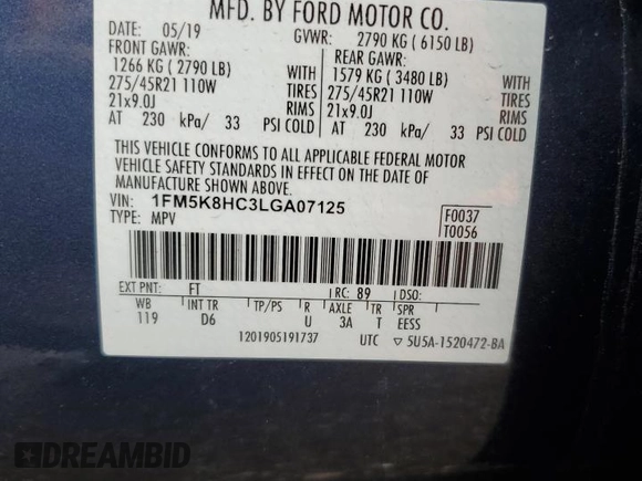 2020 Ford Explorer Platinum with VIN 1FM5K8HC3LGA07125, listed as a Copart auction lot 53903915 with 67,469 mi miles and Salvage title. Bid and sale history available at DreamBid. Image 14.