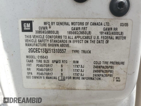 2005 Chevrolet Silverado 1500 LS with VIN 2GCEC13T251310557, listed as a Copart auction lot 62284075 with 149,031 mi miles and Clean title. Bid and sale history available at DreamBid. Image 12.