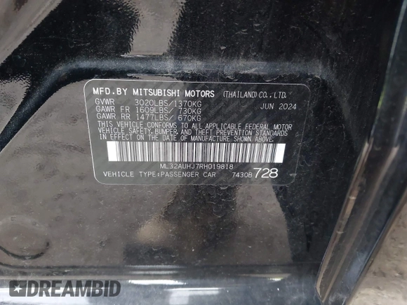 2024 Mitsubishi Mirage ES с VIN ML32AUHJ7RH019818, выставлен на аукционе IAAI как лот 42519328 с пробегом 15 037 миль миль и . История ставок и продаж доступна на DreamBid. Изображение 9.
